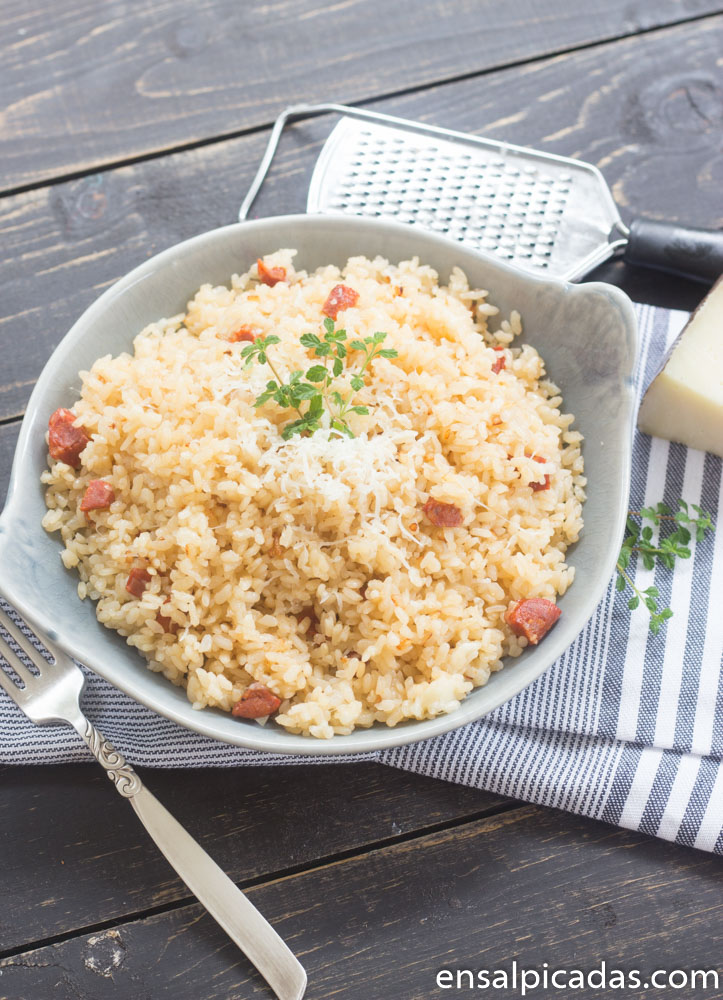 Receta de Arroz con Queso Manchego y Chorizo Español.