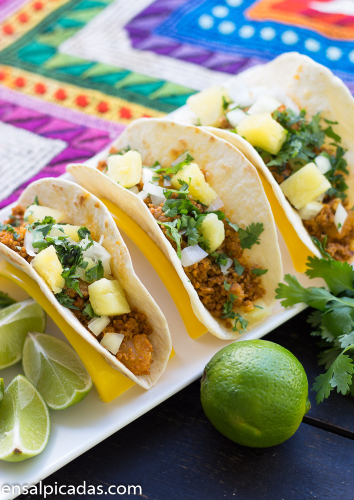 Receta Sencilla de Tacos al Pastor con Carne molida de cerdo salteada.