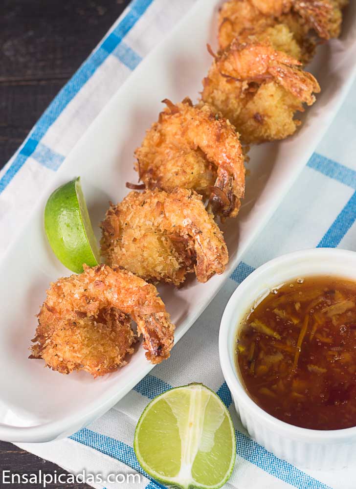 Receta Sencilla de Camarones con Coco y salsa de naranja y sweet chili